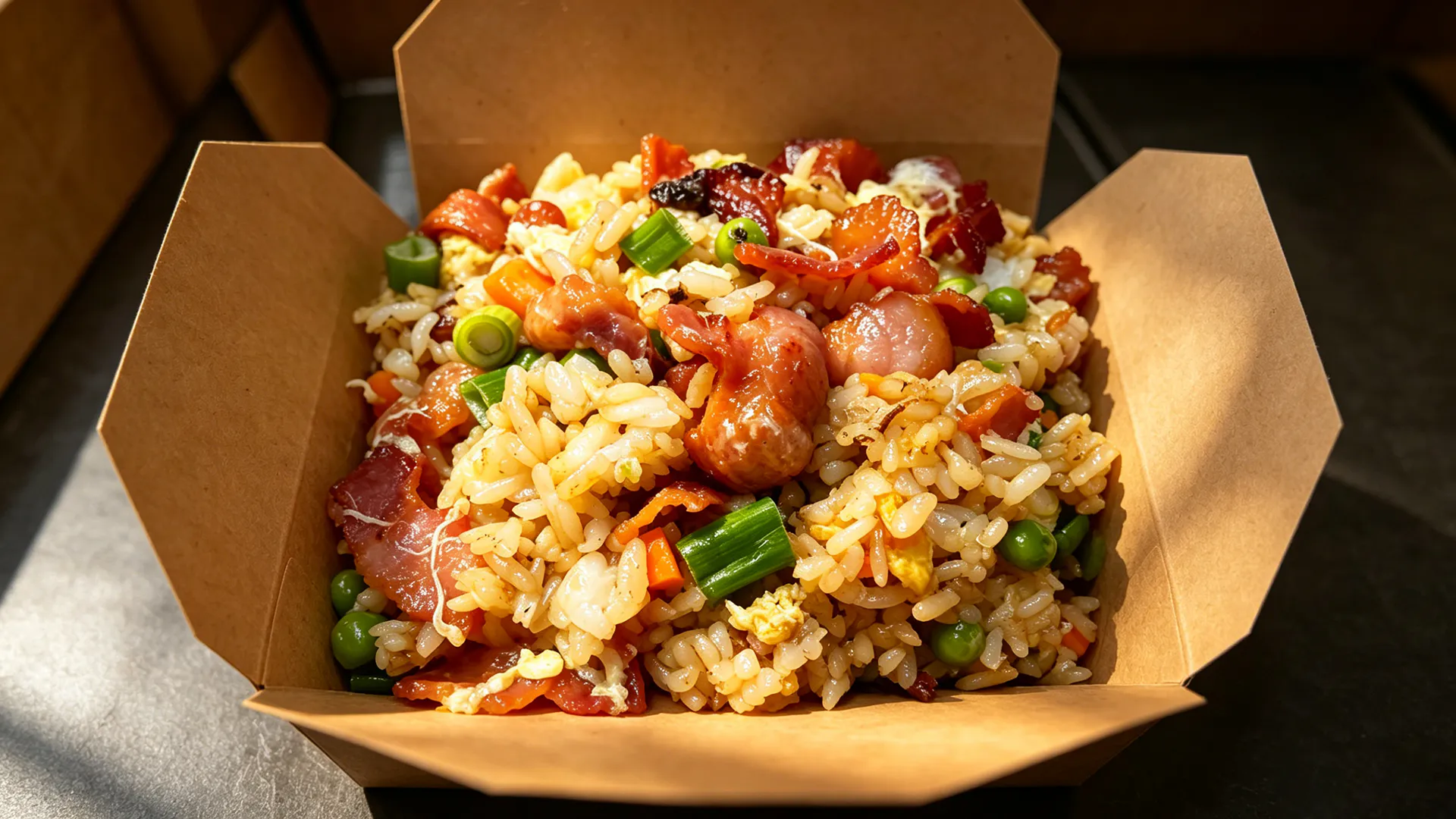Stir-fried white rice with crispy bacon, eggs, peas, and carrots, garnished with green onions at Dragon Palace, a Chinese Restaurant in Vacaville